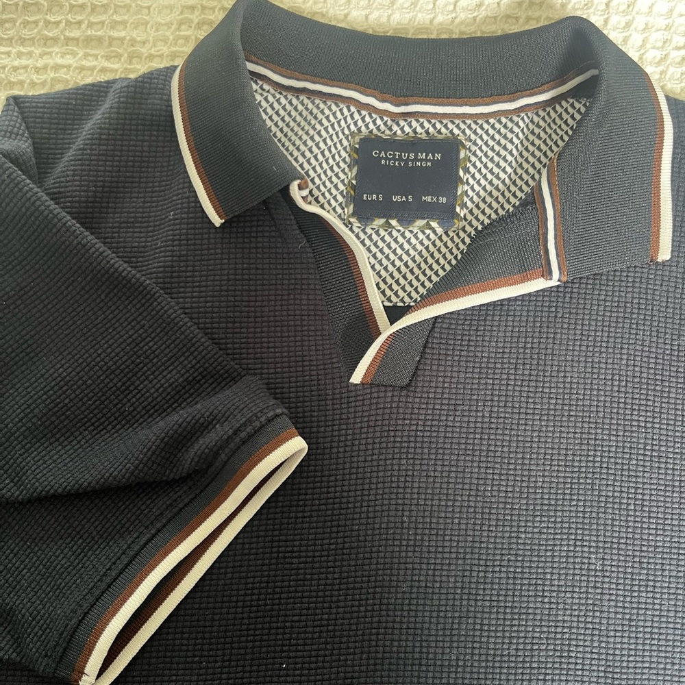 Men's Dark Blue Textured Polo with Stripe Trim